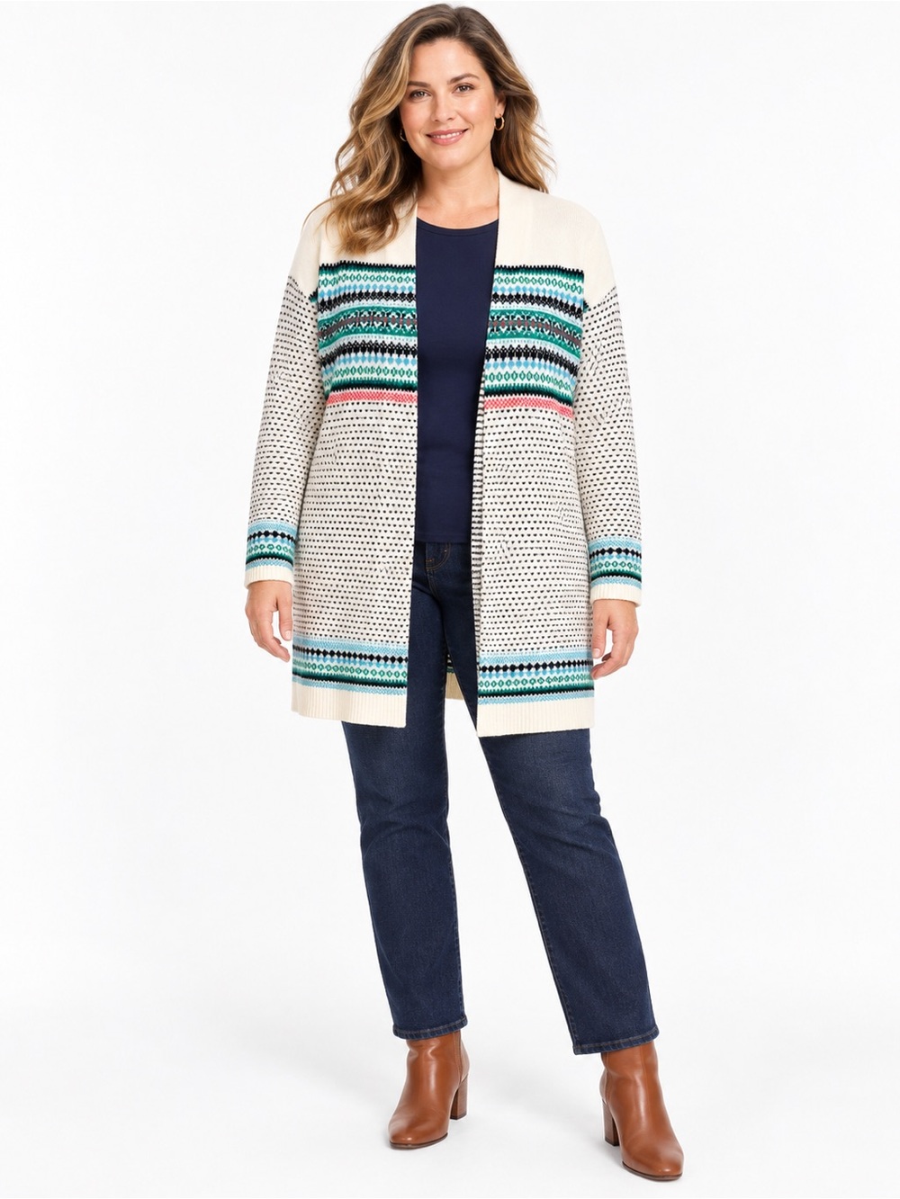 Talbots Breton Fair Isle Long Open Front Cardigan Sweater Ivory Large